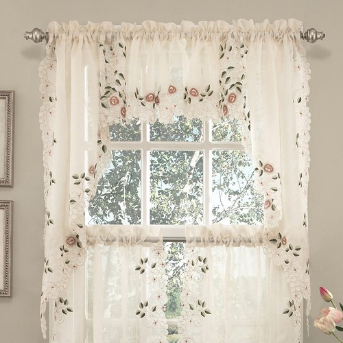 Rosemary Floral Embroidered Semi-Sheer Kitchen Curtain 36" Tier Swag Valance Set - Picture 4 of 4