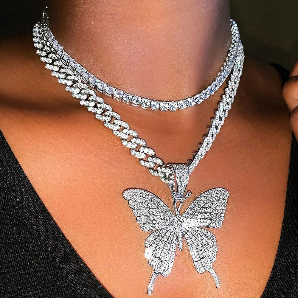 Cuban Link Chain Choker Necklace Butterfly Pendant Necklace