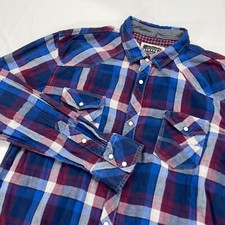 BKE Buckle Vintage Athletic Fit Pearl Snap Shirt Mens Large Blue Plaid Western