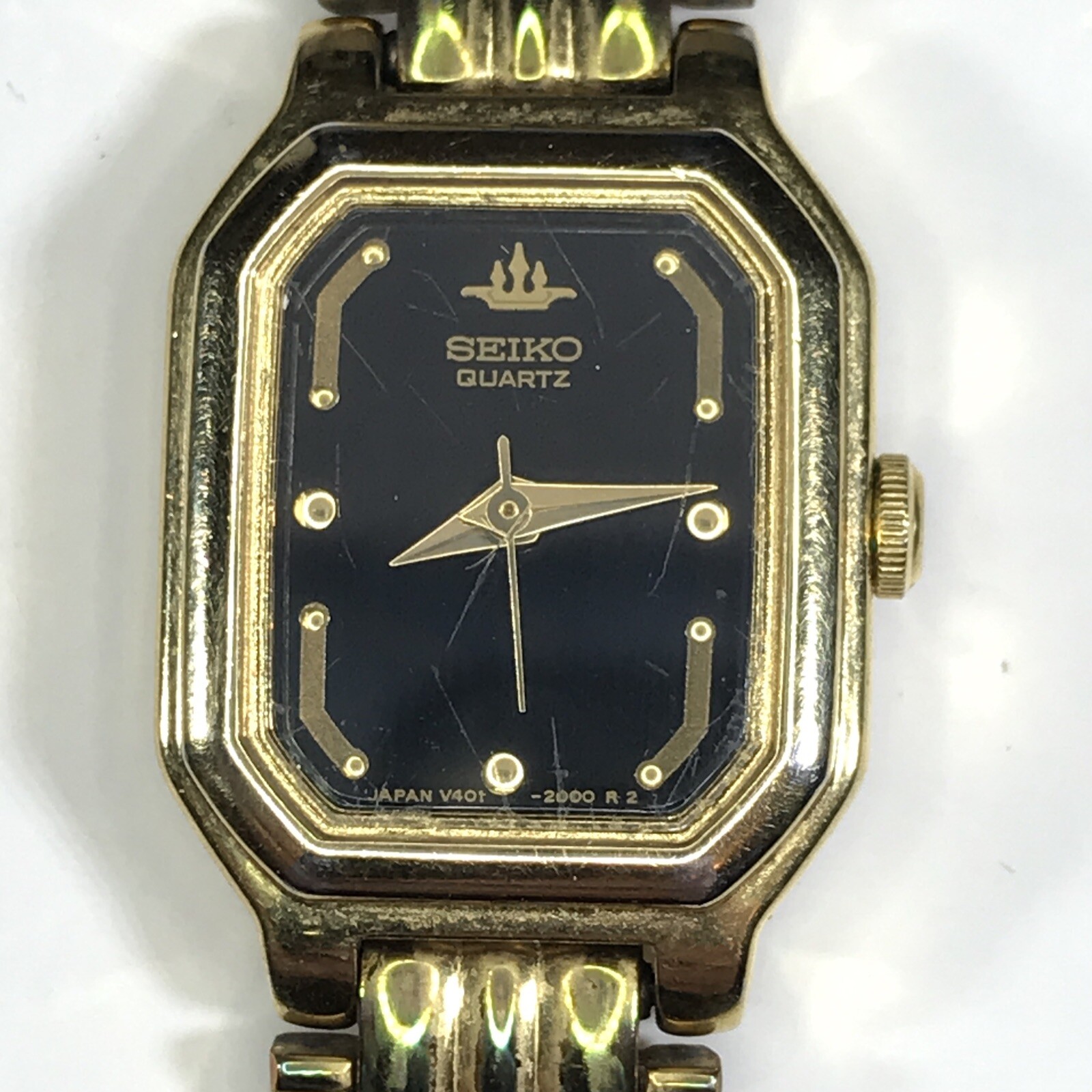 Seiko Women's Gold Tone Black Dial Rectangle Case 17mm Watch V4015250