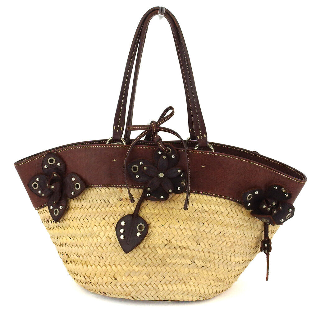 miu miu shoulder bag flower motif beige straw ?~ leather miu miu shoulder bag flower motif beige straw ?~ leather