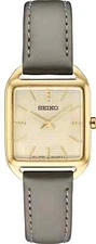 New Seiko Essentials Gold Tone Ladies Rectangular  Gray Leather Watch SWR090