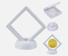 White Floating 3D Frame Display 70x70x20mm Rock Fossil Mineral Case w Base Stand