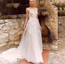 Boho A-Line Wedding Dress Spaghetti Straps Applique Lace Bridal Gowns Backless