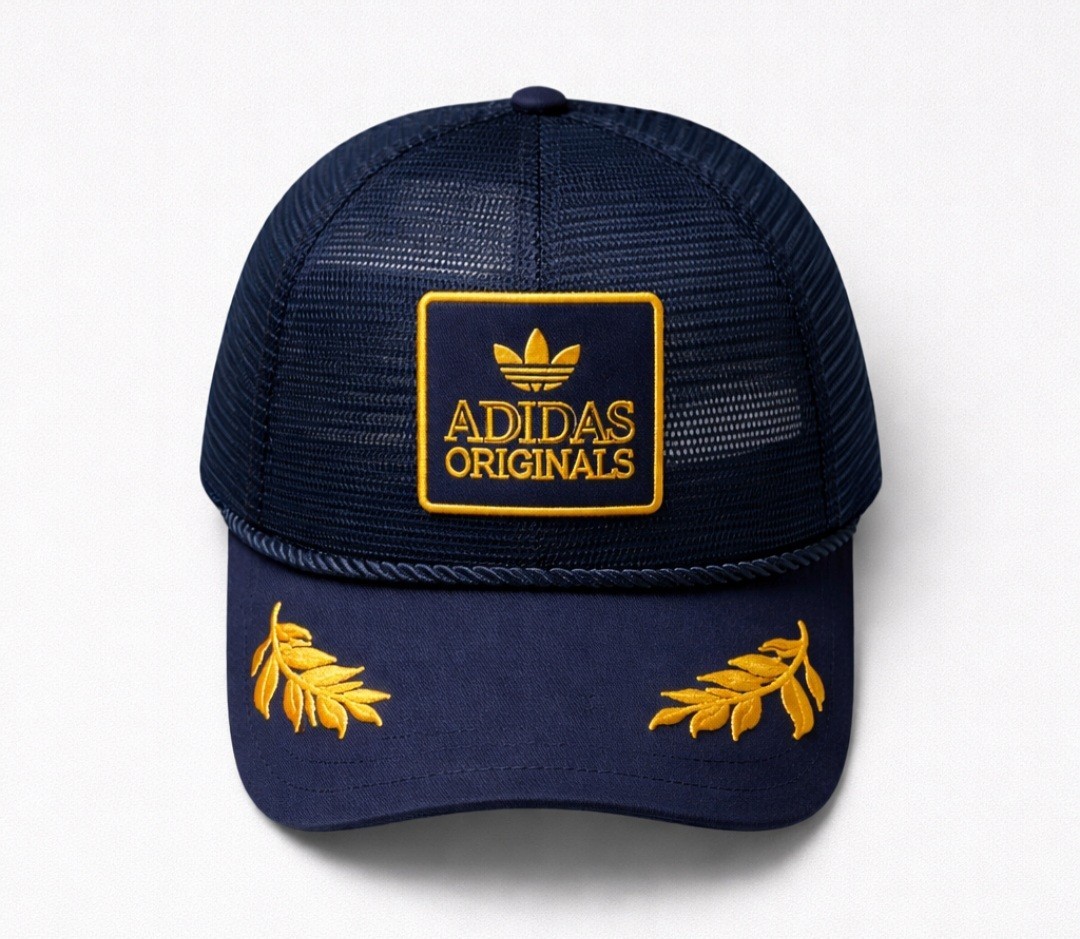 Adidas Originals Navy & Gold Mesh trucker Hat Patch  Embroidered Unisex NWT