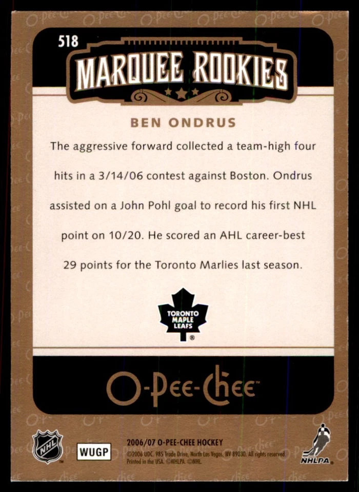 2006-07 O-Pee-Chee Ben Ondrus RC Toronto Maple Leafs #518 - Image 2 of 2