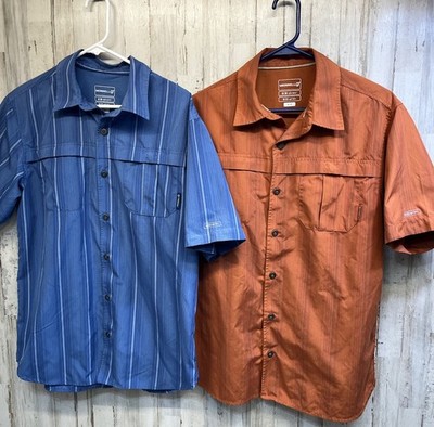 Lot of 2 Merrell Shirt Mens Size M Blue Brown Striped Opti-wick UPF 50+ Outdoor