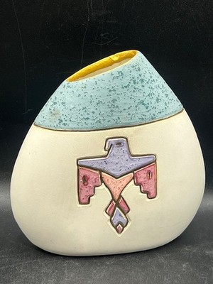 Southwestern Vase 24k Gold Inlaid Pastel Native American Pottery Rising Phoenix