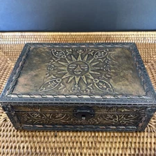 Vintage Hand-Made Sun-Face Embossed Metal & Wood Hinged Trinket Box Boho