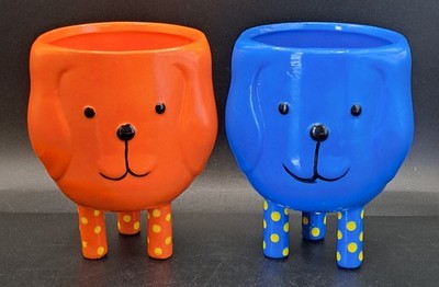 SET OF 2 Dog Planters Ceramic 4.5'' Mini Puppy Succulent Pots Orange Blue Spotted