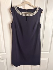 Tahari Women’s 10 Navy Blue Sleeveless Zip Up Dress Pearl Neckline Keyhole