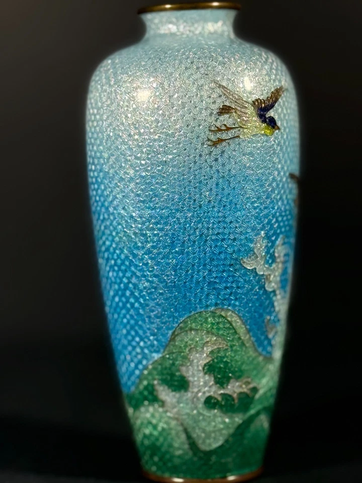 "Florero japonés Meiji de alambre fino cloisonné se traga sobre las olas azul cielo 6""" Foto 2 de 4