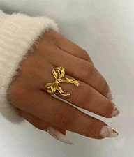 14k Yellow Gold Plated Bow Ring free size Ribbon Promise engagement  Simple