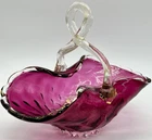 Vintage Murano Style Cranberry Glass Basket Gold Fleck Venetian Art Bowl
