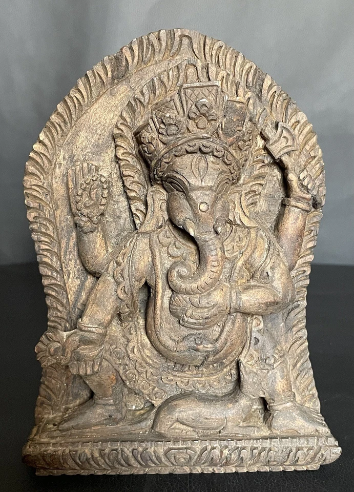 Antica scultura in legno Ganesha statua intagliata a mano induismo divinità Shiva - Immagine 2 di 4