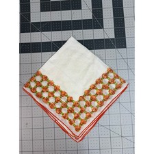 Vintage Orange Rose Floral Handkerchief Hankie White Cotton Pocket Square