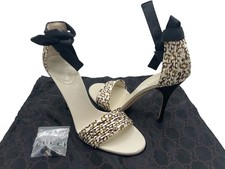 GUCCI GG Monogram 10B Silk Pleated Ankle Bow High Stiletto Open Toe Heels EUC