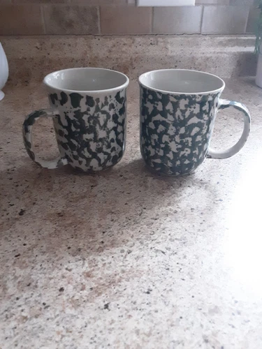 Set of 2 Folk Craft Moose Country Coffee Mugs Cups Green Sponge By Tienshan