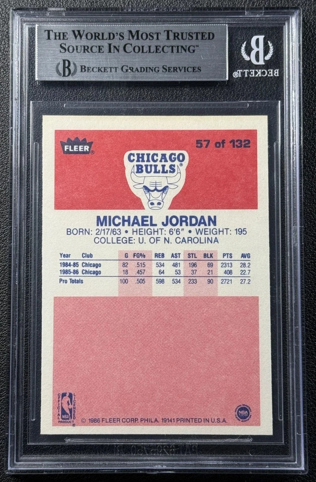 МАЙКЛ ДЖОРДАН BGS 9 1986-87 FLEER БАСКЕТБОЛ #57 ДЕБЮТАНТ КАРТА RC БЫКИ НОВОМ - Изображение 2 из 2