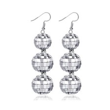60'S 70'S Silver Mirror Disco Ball Drop Dangle Earrings Hook Chain Cool Pun - 01