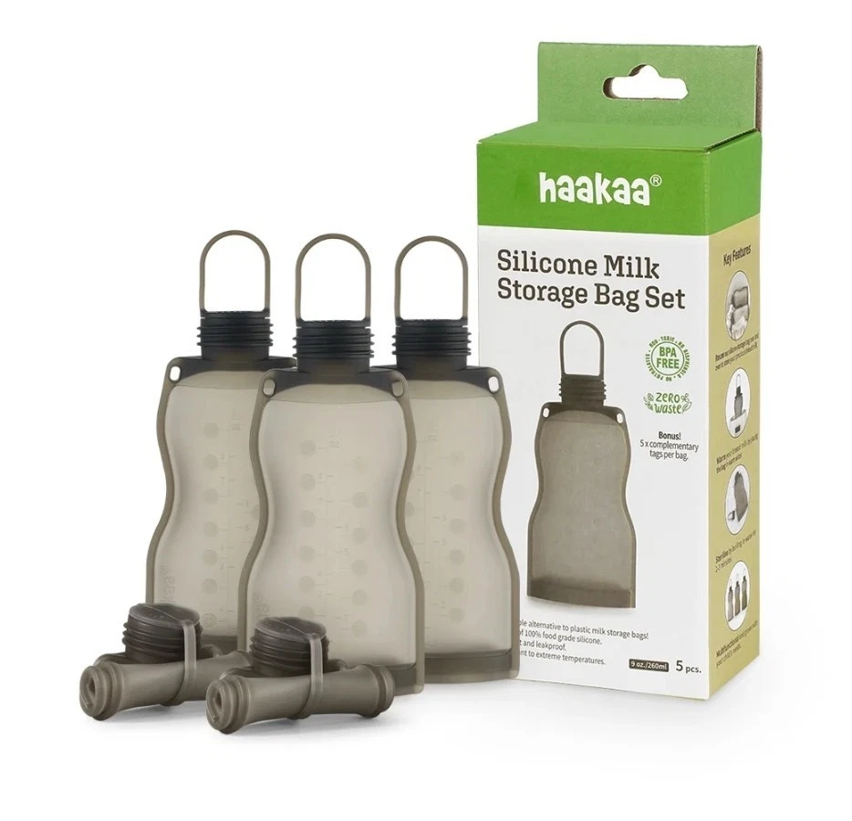 HAAKAA SILICONE MILK STORAGE BAG SET 5 PK 9 OZ BPA FREE With Bonus Free Tags!