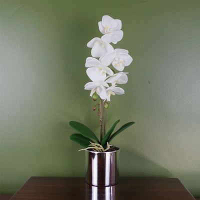 Künstliche Orchidee weiß 46 cm im silbernen Kunststofftopf 7 lebensechte Real Touch Blumen