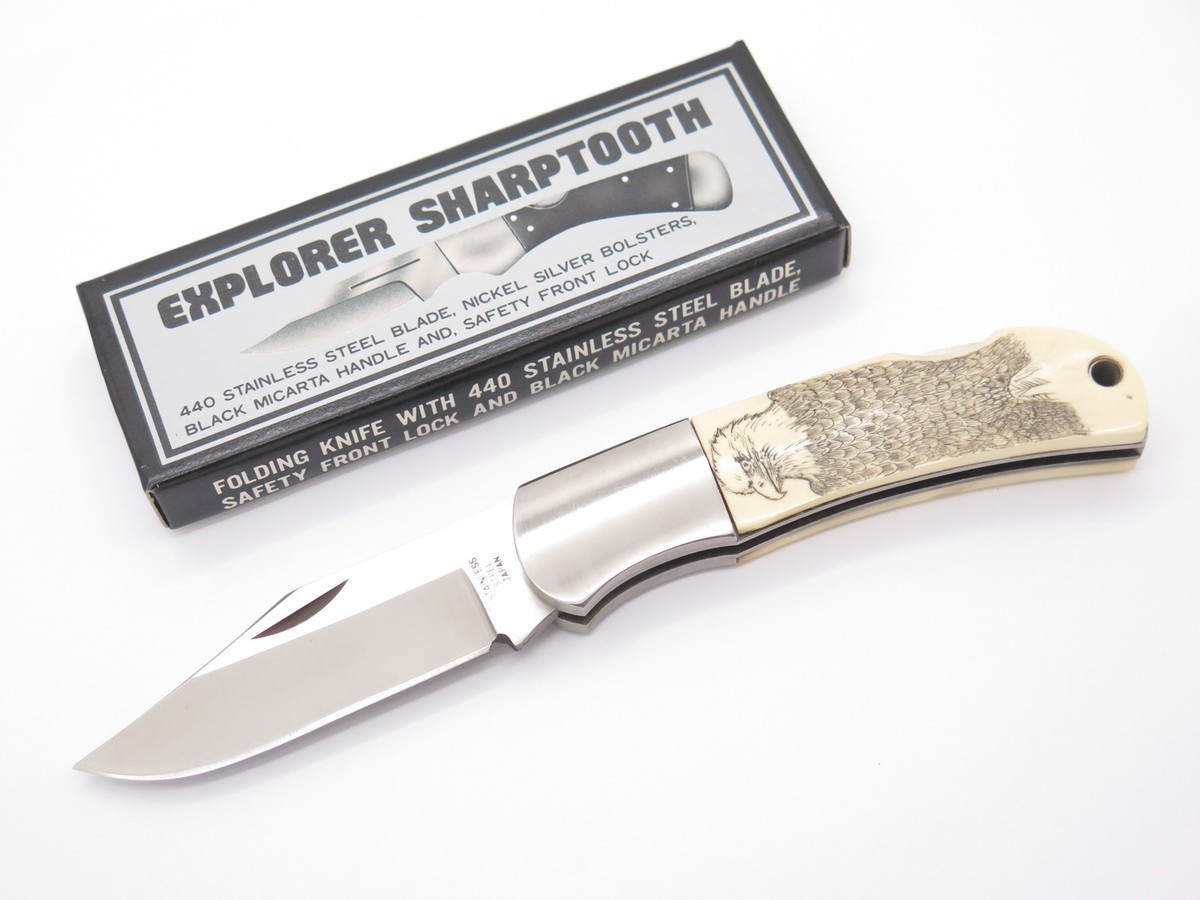 Vtg Explorer G Sakai Seki Japan Eagle Scrimshaw Folding Lockback Vtg Explorer G Sakai Seki Japan Eagle Scrimshaw Folding Lockback