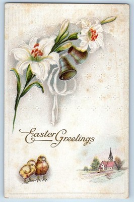 c1910's Easter Greetings Bells And Lilies Flowers Chicks Embossed Postcard