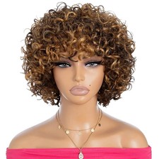 Real Human Hair New Women's Bob Hairstyles Short Brown Curly Wigs 12 In