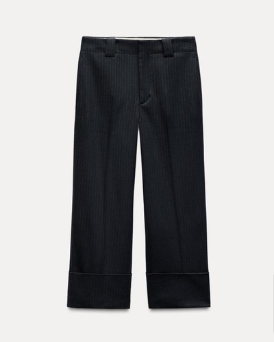 ZARA Striped Cropped Pants Large Womens Trouser Navy Hi Waist 4042/259 New - Picture 2 of 12