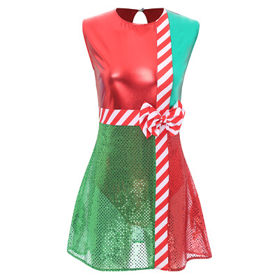 christmas bow dress women Women Christmas Costume Xmas Sequins Stripe Bow knot Santa Claus A-Line  Dress US