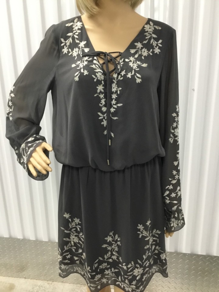 White House Black Market Blouson Dress Dark Gray Embroidery Size 10 eBay