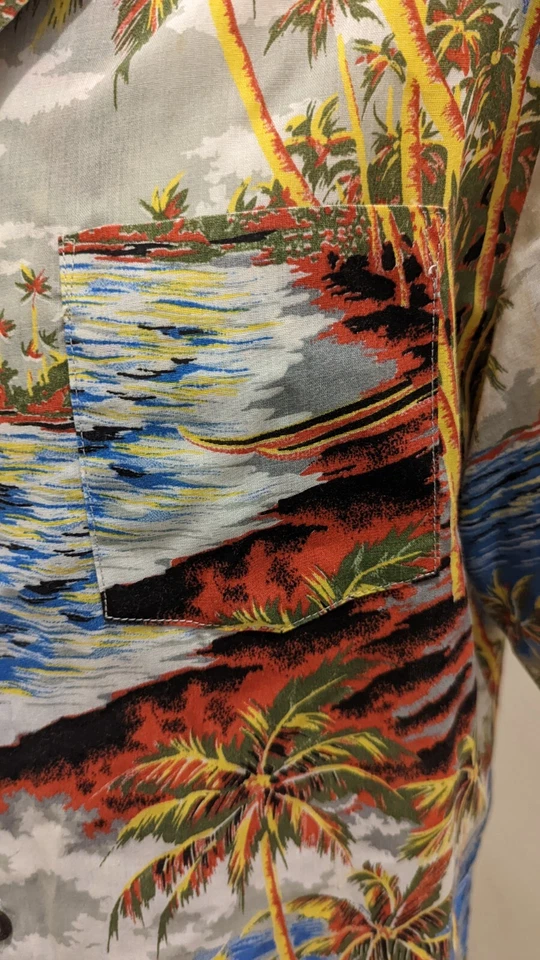 ALFIE CALIFORNIA AÑOS 70 VINTAGE Hawaiian Palm Trees Island abotonada  Foto 2 de 4