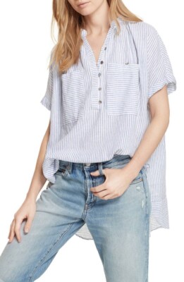 Free People For Keeps Linen Tunic Blouse Top Blue and White Striped Size Small