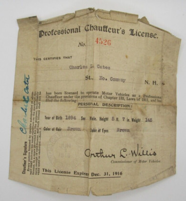 VINTAGE 1916 NH CHAUFFEUR'S PAPER LICENSE North Conway New Hampshire c. Cates