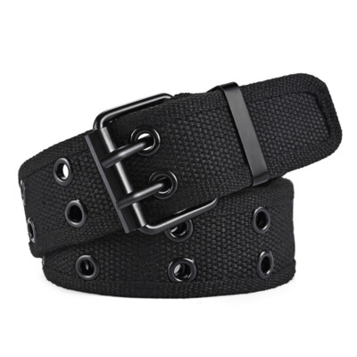 Men Double Pin Buckle Canvas Belt Strap Pants Jeans Casual Waistband 35mm Width