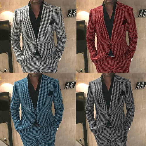 Business Men Suits Houndstooth Tweed Groom Prom Wedding Tuxedos Peak Lapel - Picture 1 of 14