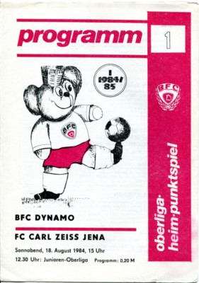 Programmheft, BFC Dynamo - FC Carl Zeiss Jena, Oberliga-Heim-Punktspiel 1984 /20