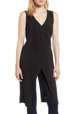 New $189 Kenneth Cole Women'S Black Sleeveless Faux-Wrap Coattail Blouse Size M