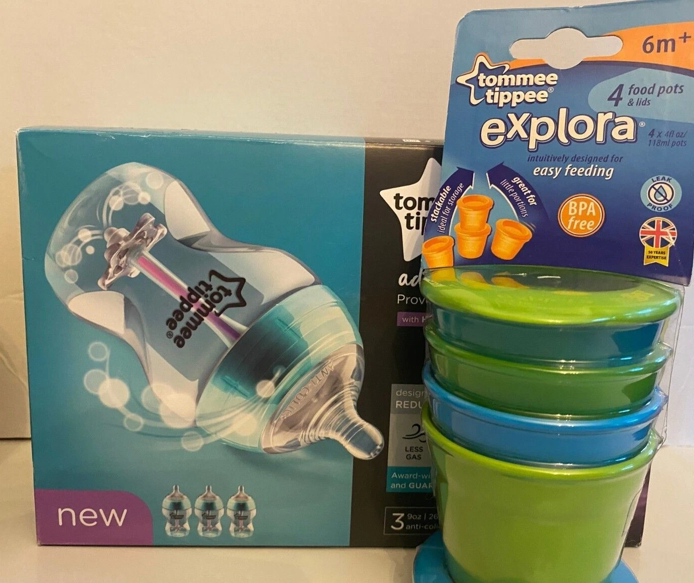 Tommee Tippee 3 Advanced Anti-Colic 9 ounce Bottles 4 Explora Stackable Food Pot