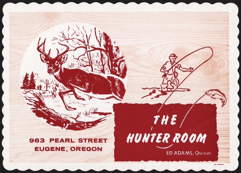 Vintage placemat THE HUNTER ROOM deer and fisherman pics Ed Adams Eugene Oregon