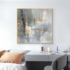 Abstract Hand Painted Oil Painting On Canvas Gray Yellow 24in