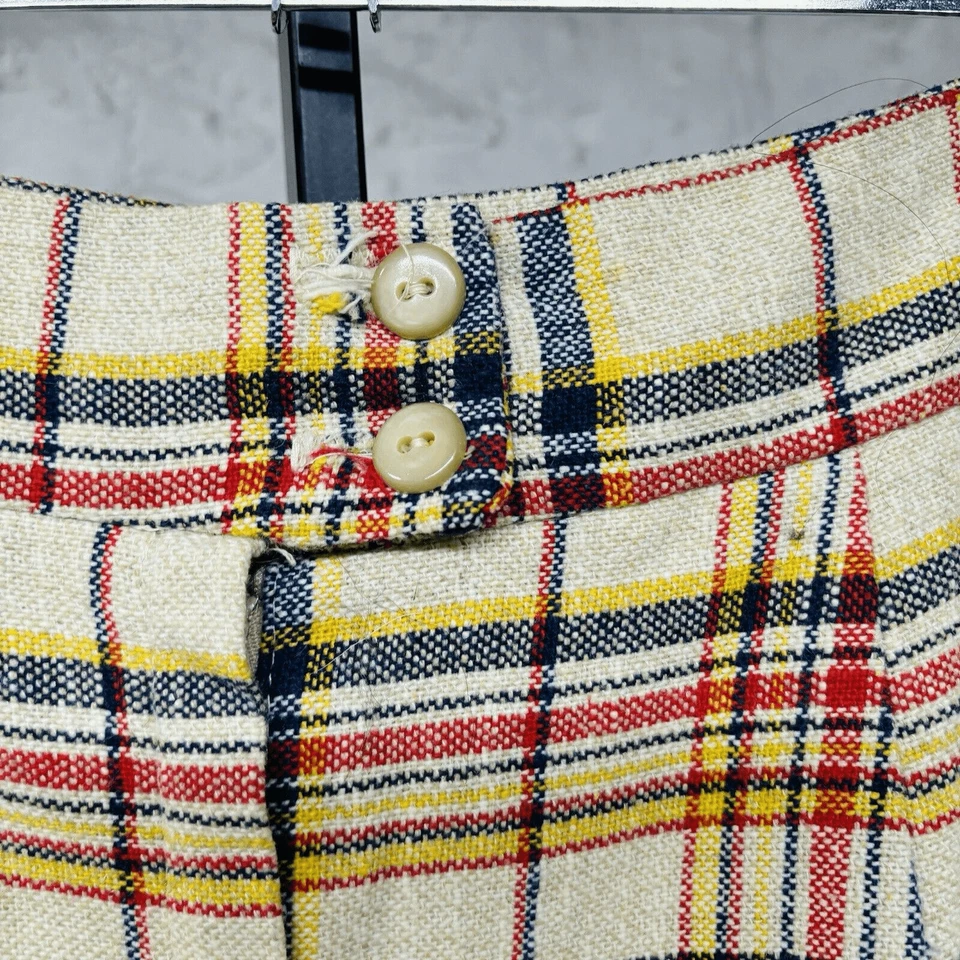 1970s Vintage Cream Multicolor Plaid Bottom Pants Wide Flare Leg 26 Waist Hippie - Image 3 of 4