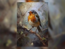 Vibrant Beauty: Red Robin on Twig - Oil Painting Print 5"x7"
