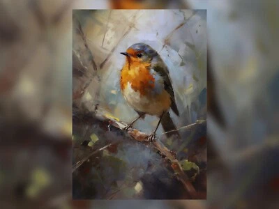 Vibrant Beauty: Red Robin on Twig - Oil Painting Print 5"x7" - Image 1 of 4