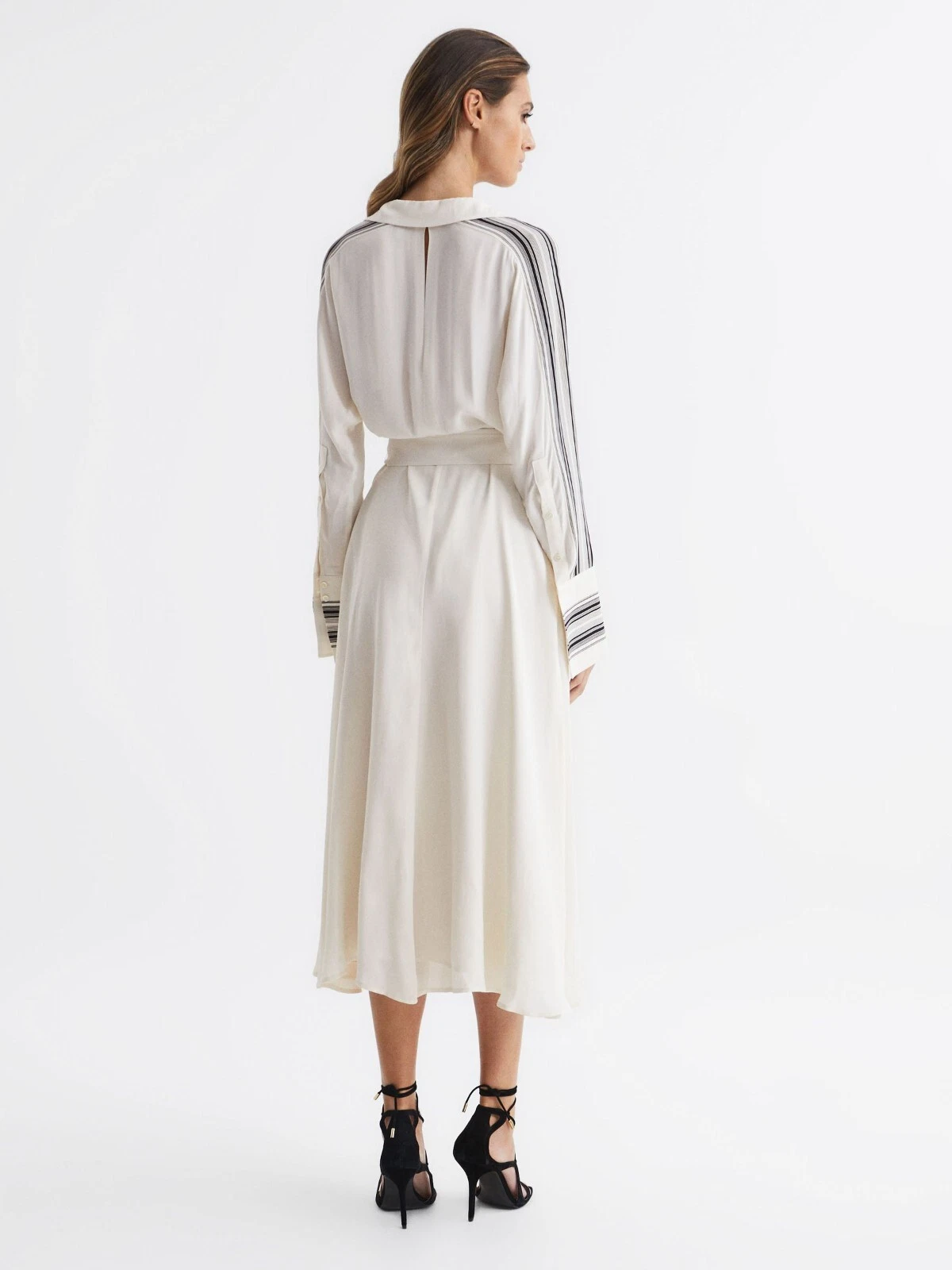 OFF WHITE ABITO CAMICIA FORMALE NUOVO CON ETICHETTE REISS OFF BIANCO PANNA MIDI CON CINTURA TAGLIA 8