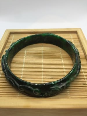 Chinese Gift Vintage Carved Green Burma Jade Bangle bracelet (JFB83）