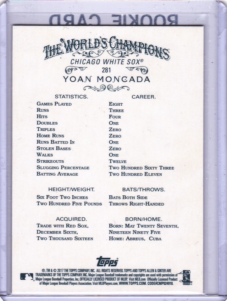 YOAN MONCADA Topps Allen & Ginter's BASEBALL ROOKIE CARD Chicago White Sox RC - Image 2 of 2
