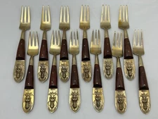 12 Cocktail Forks Siam Brass Bronze Thailand Sitting Buddha Flatware 5 3/8”