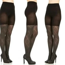 ASSETS by SPANX Black Flipside Diamond Pattern Tights, Size 2 NWT